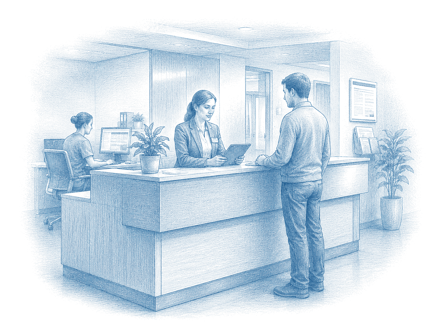 Auxiliar administrativo atendiendo en recepción sanitaria